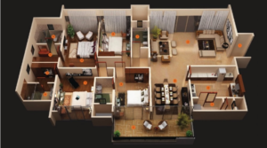 Illustration of 4 bedroom living space