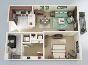 Illustration of one bedroom one bath home space