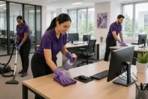 Three people in purple uniforms clean an office; one wipes a desk, one vacuums, and one cleans another desk.