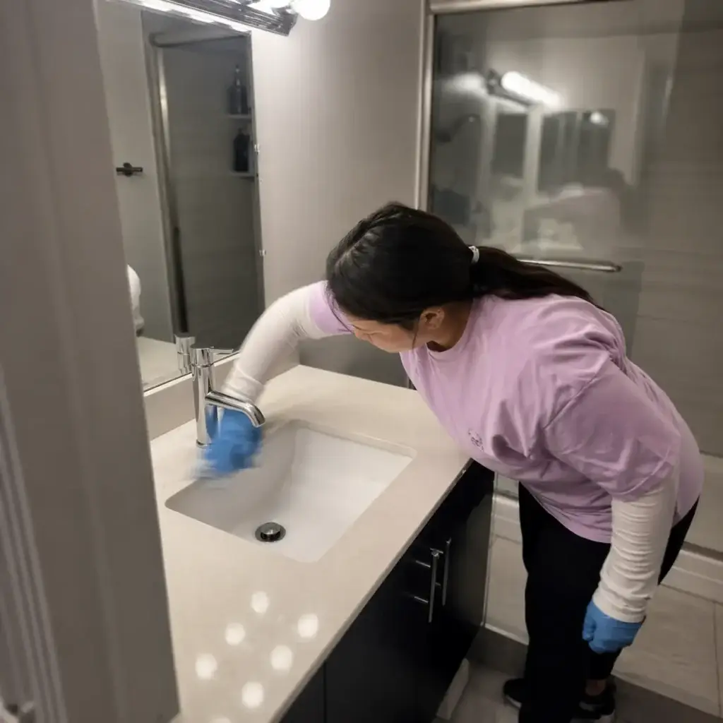 A person wearing gloves cleans a bathroom sink and countertop with a cloth.