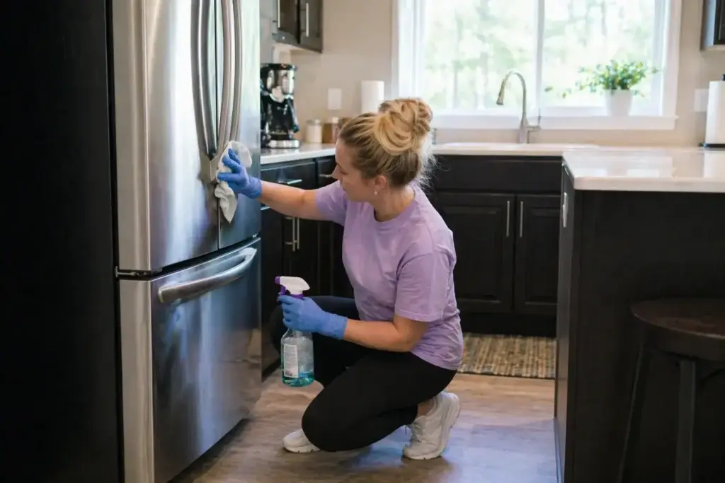 Woman wearing gloves cleans a stainless steel fridge in a modern kitchen with a spray bottle and cloth.