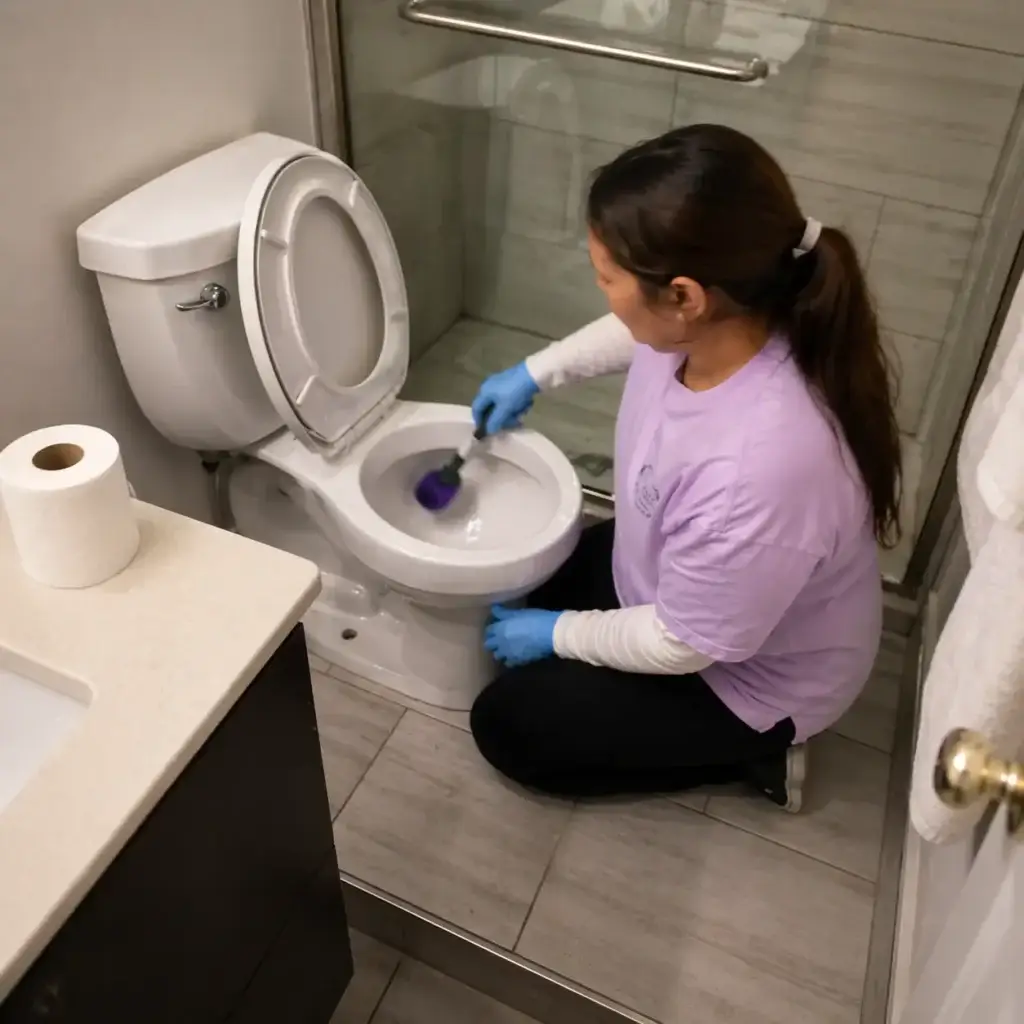 A woman wearing gloves kneels and cleans a toilet with a brush in a bathroom.