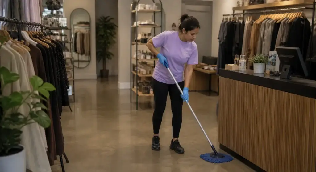 A woman wearing gloves mops the floor in a modern clothing store with wooden and metal fixtures.