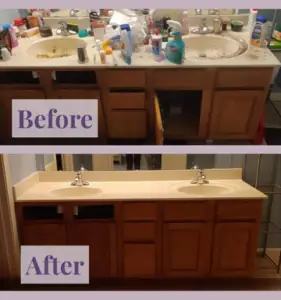 Before: Cluttered, dirty bathroom counter; After: Clean, organized bathroom counter with empty surfaces.