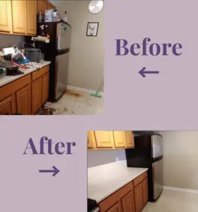 Before and after photos of a kitchen; messy countertop and floor, then cleaned and organized.