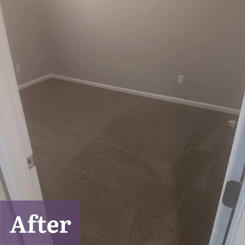 A clean, empty room with freshly vacuumed carpet and gray walls; After text appears in the bottom left corner.