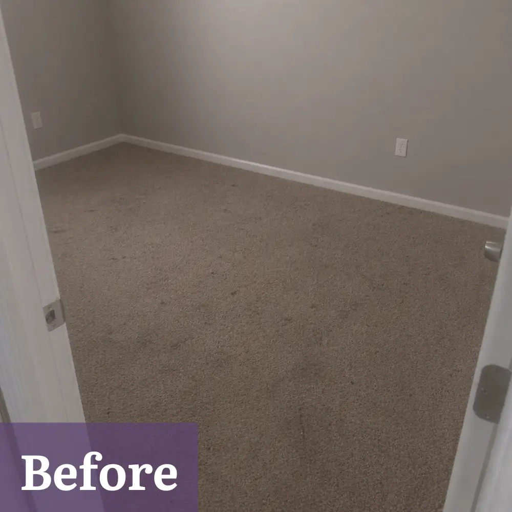 Empty room with beige carpet and plain walls, viewed from doorway. Before label in the bottom left corner.
