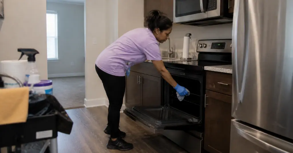 A woman in gloves cleans an open oven in a modern kitchen with cleaning supplies nearby. - Jeannie’s Cleaning Company Woman in a purple shirt and blue gloves cleaning an open kitchen oven.