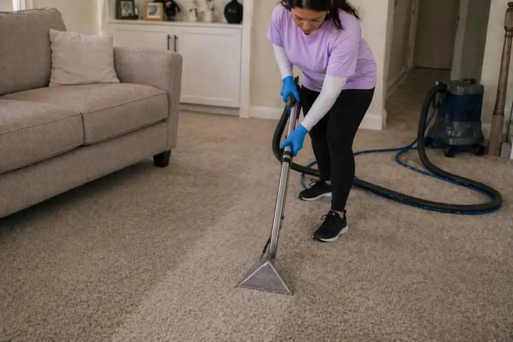 Person wearing gloves uses a carpet cleaning machine on a living room carpet beside a sofa.