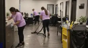 Three women in purple shirts clean an office, using a vacuum, wiping surfaces, and organizing supplies.