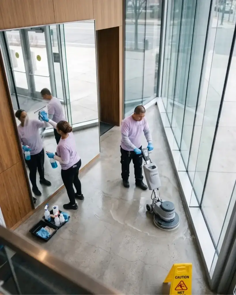Two people cleaning a modern lobby; one polishes the floor, the other cleans a mirror near large windows.
