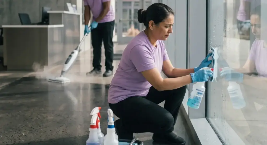 Two people cleaning; one wipes a window while another mops the floor in a bright, modern building.