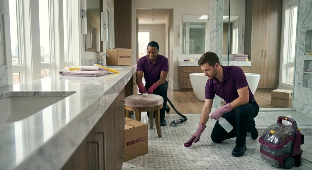 Two people in purple shirts and gloves clean a modern bathroom with cleaning supplies and cardboard boxes around them.