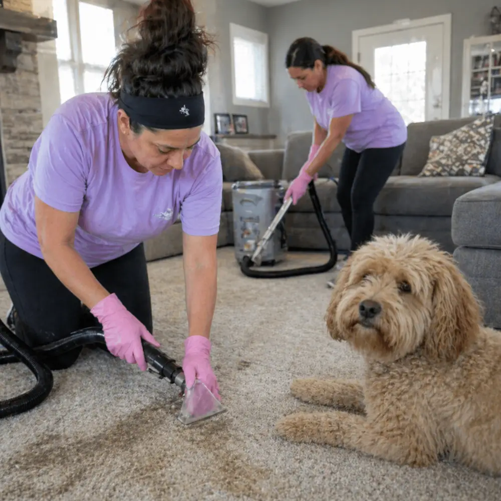 Two women clean a carpet with vacuums as a fluffy brown dog lies nearby, looking toward the camera.