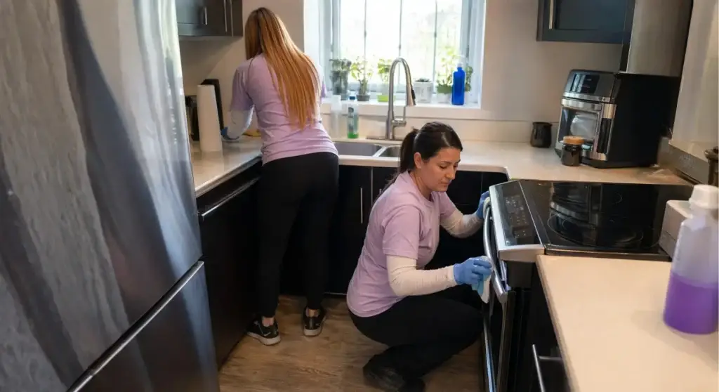 Two women in purple shirts clean a modern kitchen; one wipes counters, the other cleans the oven.