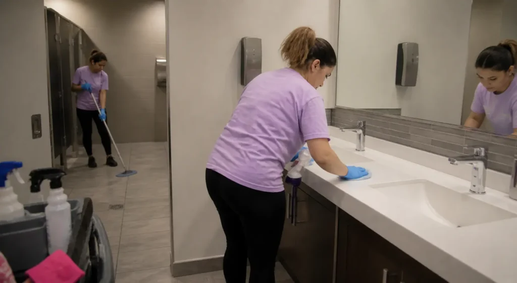 Two people in purple shirts clean a public restroom; one wipes the counter, the other mops the floor.