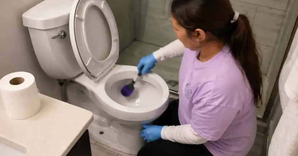 Person wearing gloves and a purple shirt cleaning a toilet with a brush in a bathroom. - Jeannie’s Cleaning Company Person wearing gloves and a purple shirt cleaning a toilet with a brush in a bathroom.