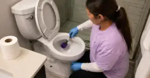 Person wearing gloves and a purple shirt cleaning a toilet with a brush in a bathroom.