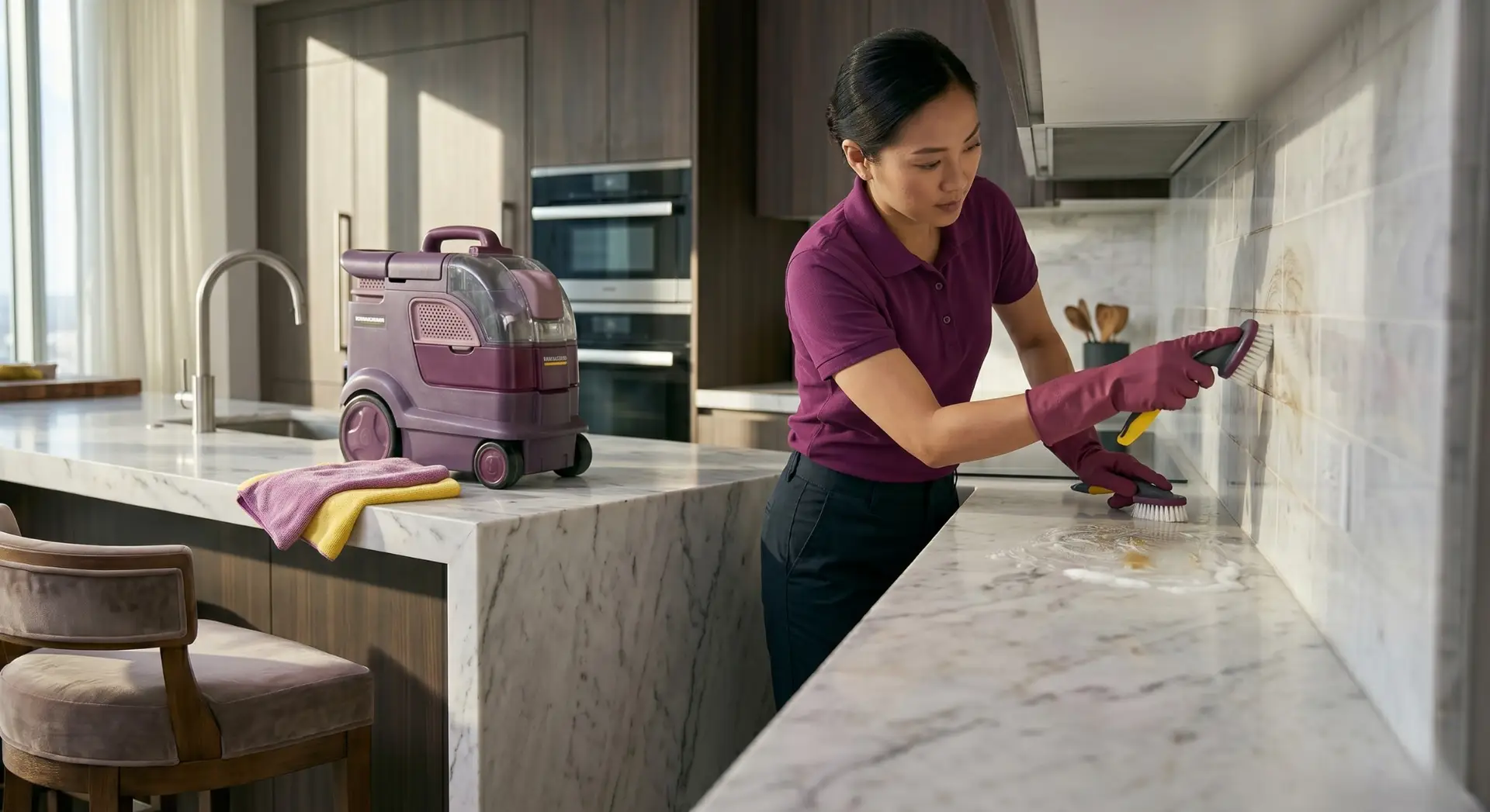 Woman in gloves scrubs a marble kitchen counter next to a purple cleaning machine and folded cloths.