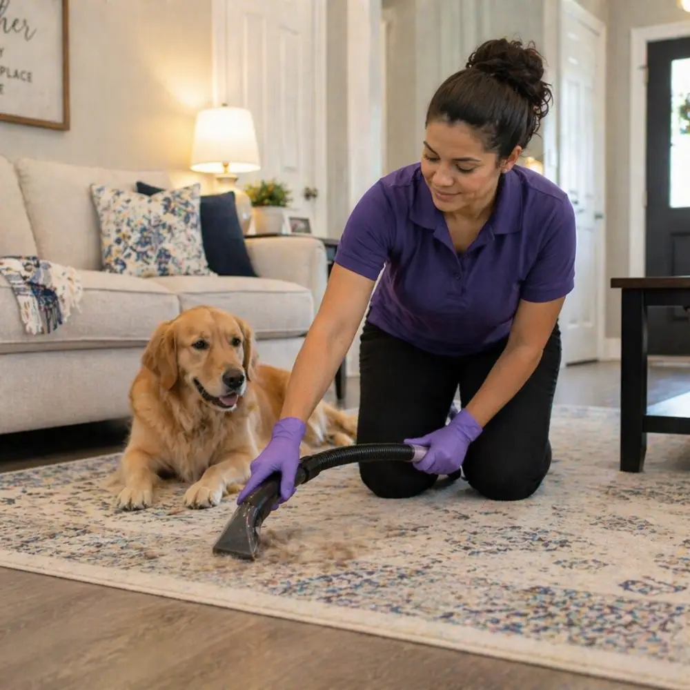 Woman in purple shirt cleaning a rug with a machine while a golden retriever sits nearby on the carpet.