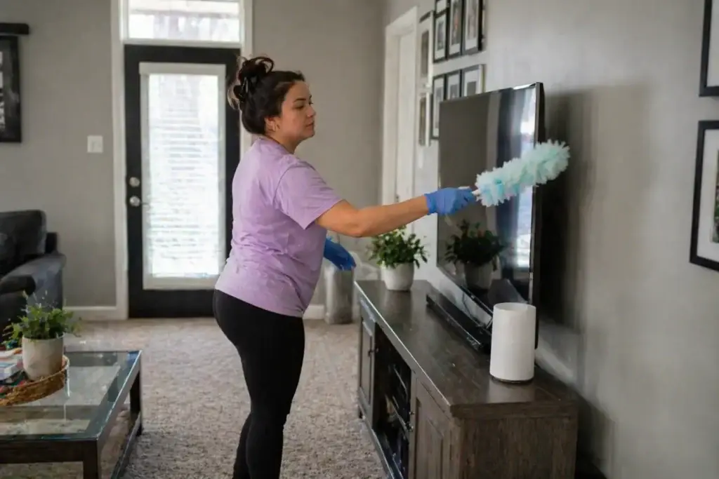 Woman dusting a TV with a duster in a living room, wearing gloves and a purple shirt.