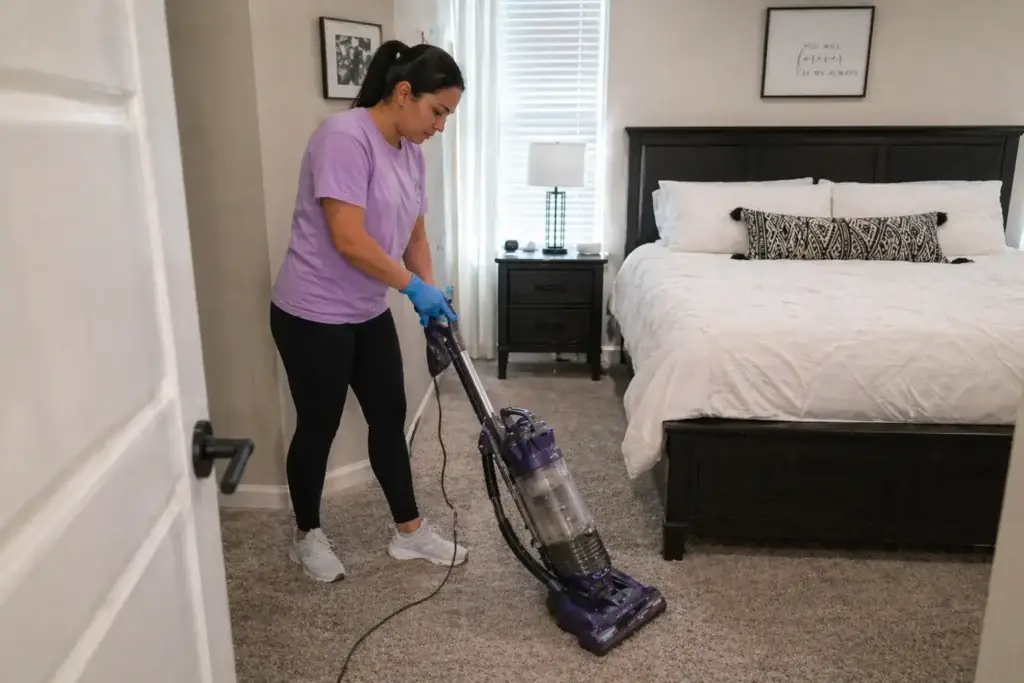 Woman wearing gloves vacuums carpet in a tidy bedroom with a neatly made bed and dark wood furniture.