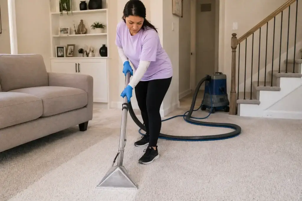 Person wearing gloves uses a carpet cleaning machine in a living room next to a sofa and staircase.