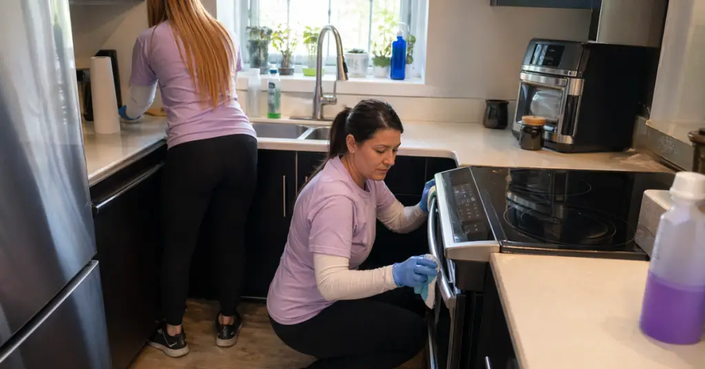 Two women in purple shirts clean a modern kitchen; one wipes the oven while the other cleans the counter. - Jeannie’s Cleaning Company Two women in purple shirts clean a modern kitchen; one wipes the oven while the other cleans the counter.