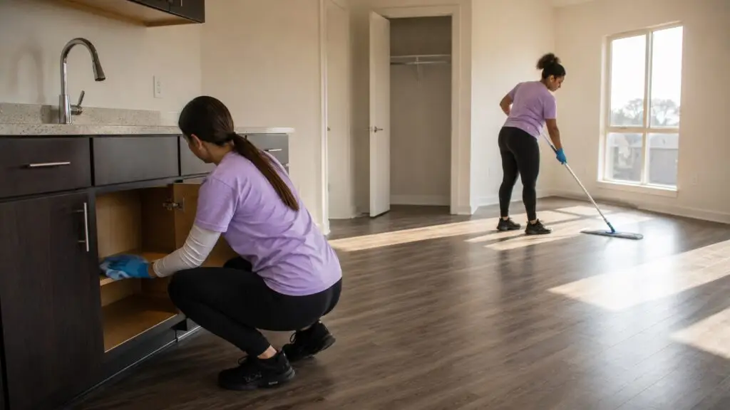 Apartment turnover cleaning in Cincinnati and Northern Kentucky - Jeannie’s Cleaning Company Two cleaners in purple shirts clean an empty apartment between tenants, wiping inside a kitchen cabinet and mopping the floor