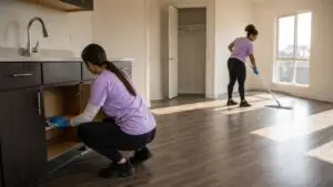 Apartment turnover cleaning in Cincinnati and Northern Kentucky - Jeannie’s Cleaning Company - Jeannie’s Cleaning Company Two cleaners in purple shirts clean an empty apartment between tenants, wiping inside a kitchen cabinet and mopping the floor