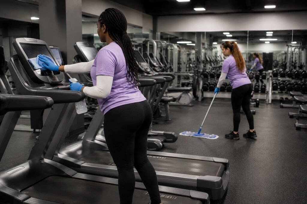 Two cleaners in purple shirts clean a gym after hours, wiping a treadmill console and mopping rubber flooring