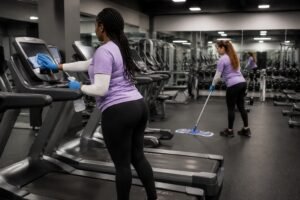 Gym and fitness studio cleaning in Cincinnati and Northern Kentucky - Jeannie’s Cleaning Company - Jeannie’s Cleaning Company Two cleaners in purple shirts clean a gym after hours, wiping a treadmill console and mopping rubber flooring