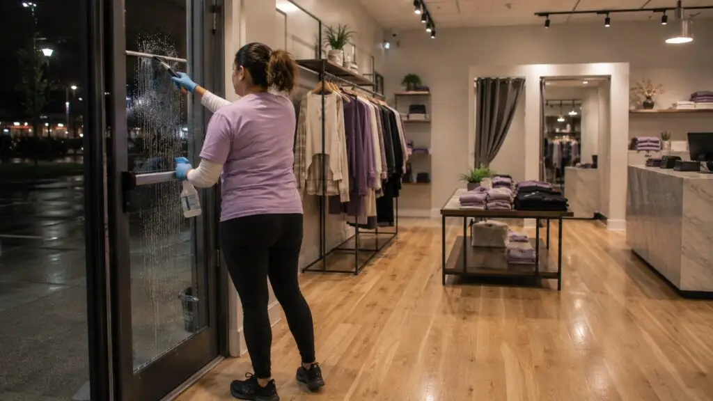 A cleaner in a purple shirt squeegees the glass entrance door of a clothing store after closing