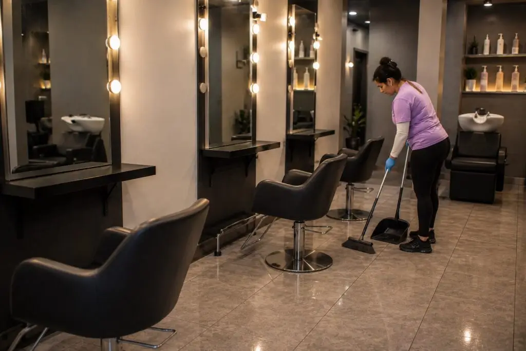 Salon and spa cleaning in Cincinnati and Northern Kentucky - Jeannie’s Cleaning Company A cleaner in a purple shirt sweeps around styling chairs in a salon after closing, with lit mirrors and shampoo bowls behind