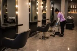 A cleaner in a purple shirt sweeps around styling chairs in a salon after closing, with lit mirrors and shampoo bowls behind
