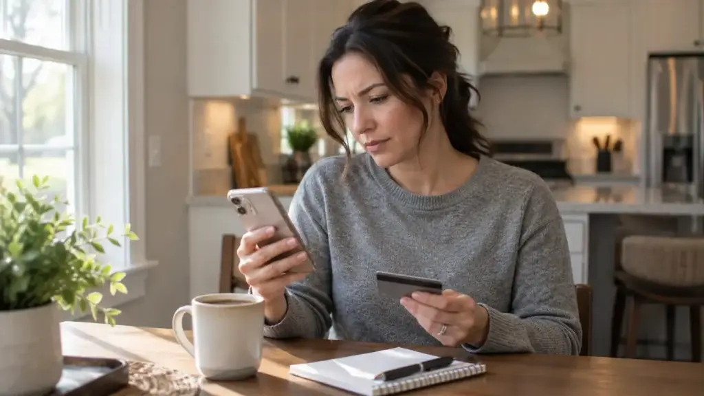 Reading the fine print on a house cleaning offer - Jeannie’s Cleaning Company A woman sits at her kitchen table holding a phone and a credit card, reading the terms of a cleaning offer before booking.