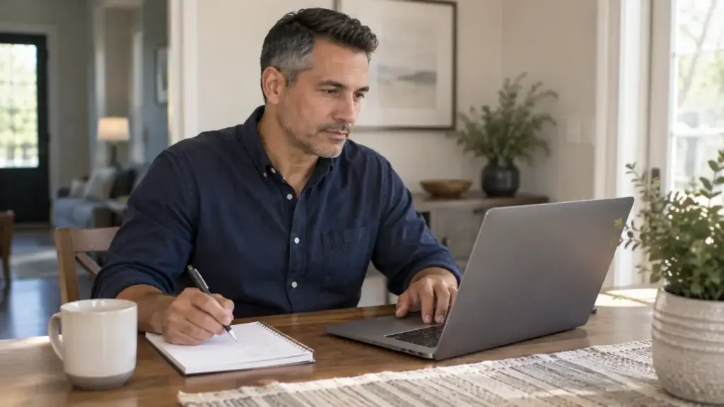 Comparing house cleaning services in Northern Kentucky - Jeannie’s Cleaning Company A man sits at his dining table with a laptop and a notepad, comparing local house cleaning services.