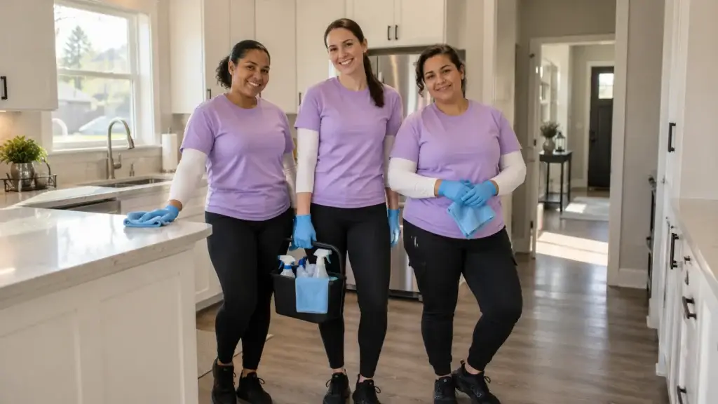 Three Jeannie's Cleaning team members in purple shirts and gloves stand in a bright kitchen with a caddy of cleaning supplies.