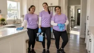 Jeannie's Cleaning team in a Cincinnati kitchen - Jeannie’s Cleaning Company - Jeannie’s Cleaning Company Three Jeannie's Cleaning team members in purple shirts and gloves stand in a bright kitchen with a caddy of cleaning supplies.